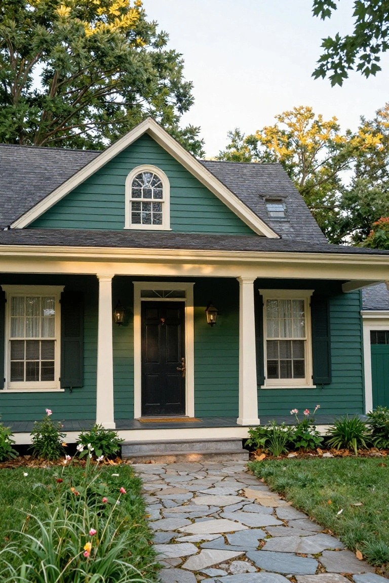 Dark green colonial-style house with white trim, gabled roof, front porch with columns, black door, shuttered windows, lantern lights, stone walkway, flower beds, and surrounding trees and grass.