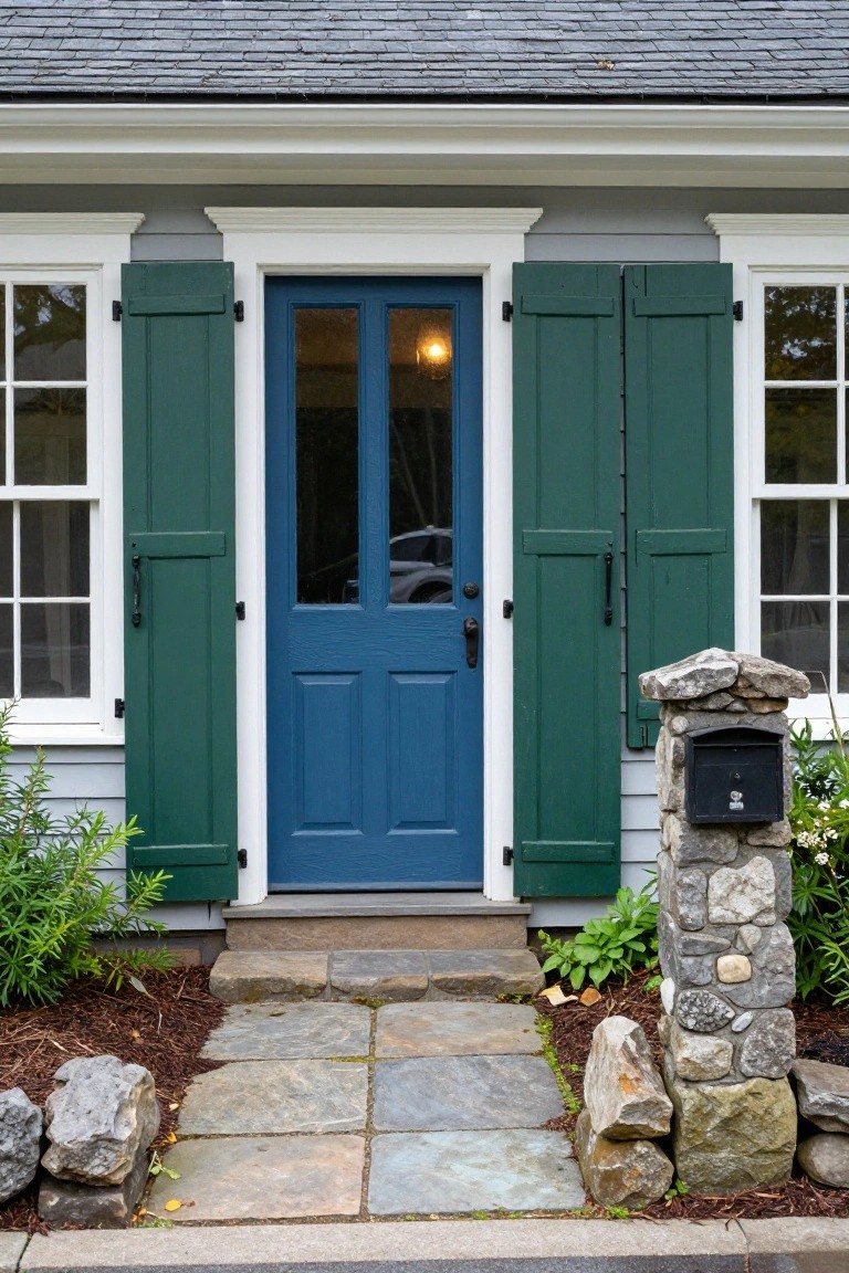 Colonial house entrance featuring a navy blue glass-paneled double door with green shutters on flanking windows, white trim, stone pillar with black mailbox, flagstone path, and low plantings.