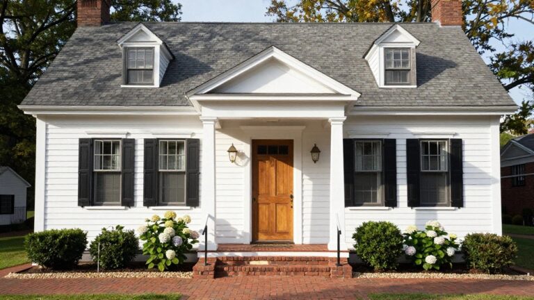 Two-story white clapboard colonial house with black shutters, covered front porch with columns, wooden front door, brick steps and pathway, boxwood hedges, and pink hydrangeas in the yard.