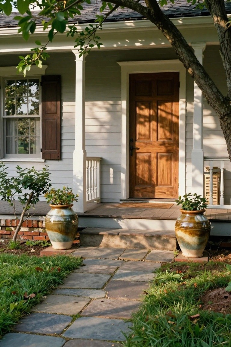 Colonial house exterior featuring light gray clapboard siding, dark brown paneled wood front door, brown shutters on windows, white porch with columns and railing, large glazed terracotta pots flanking the steps, and a stone walkway leading through grass under a tree.
