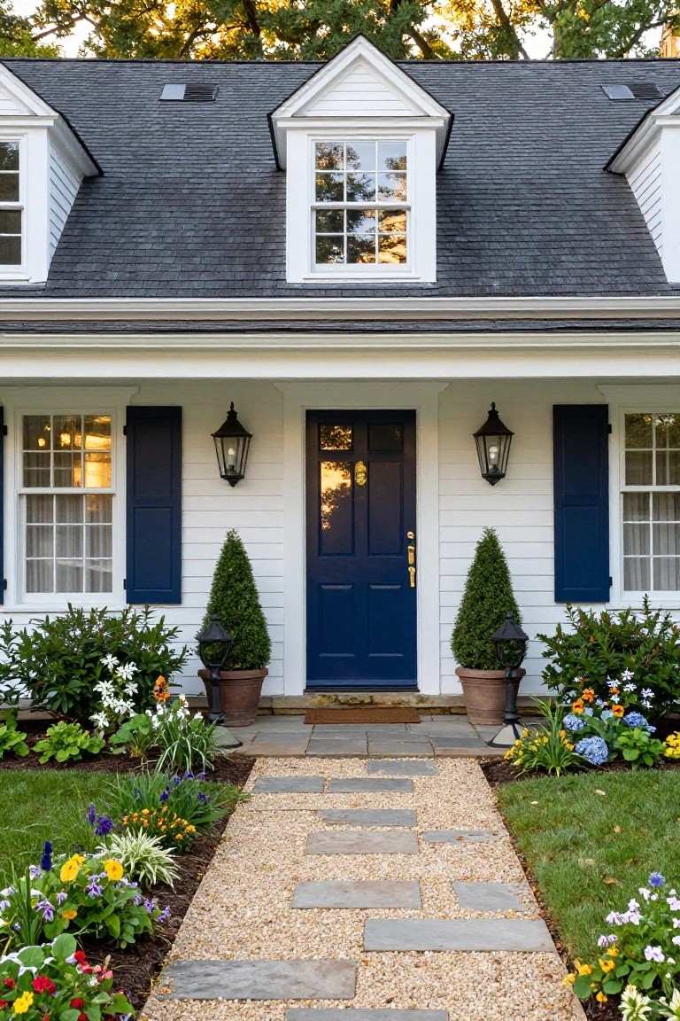 Colonial-style house exterior featuring white clapboard siding, a navy blue double front door with gold hardware, black shutters on multipane windows, lantern-style lights, potted topiary trees flanking the door, and colorful flower beds along a stone and gravel pathway.