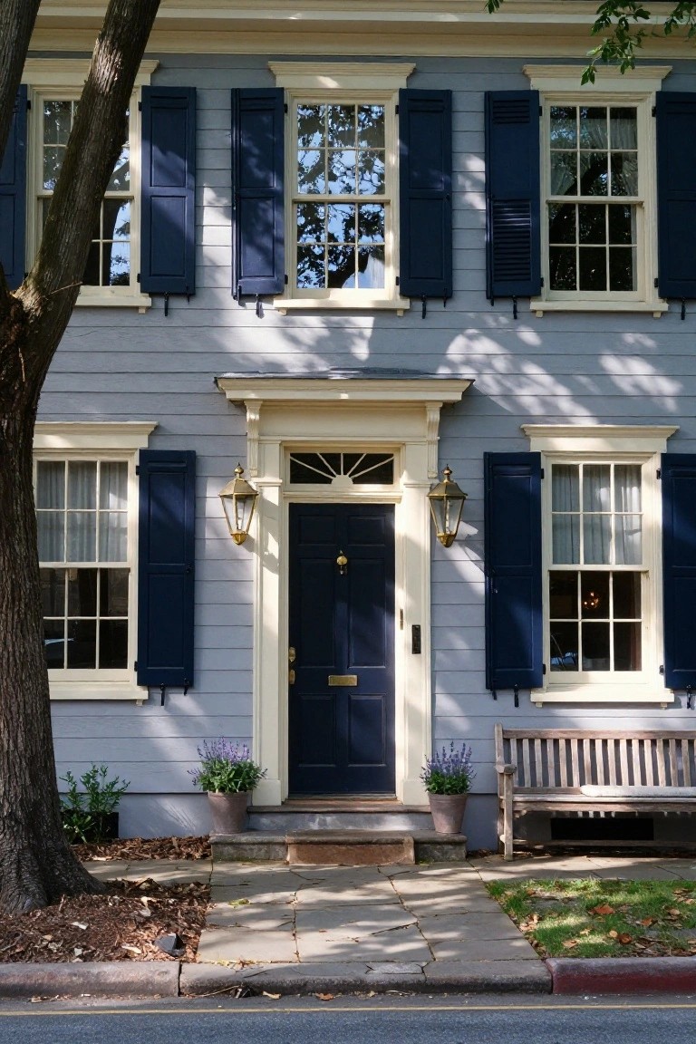 Two-story colonial house with pale gray-blue clapboard siding, navy blue shutters on multi-pane windows, cream trim, dark blue front door with brass knocker and lanterns, potted lavender plants, wooden bench, stone steps, and large tree beside a sidewalk.