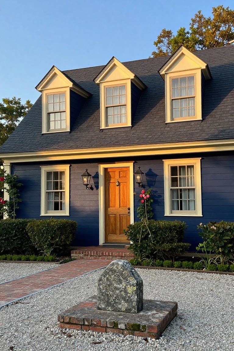 Navy blue clapboard colonial house with yellow trim on gabled dormers and windows, wooden front door flanked by lanterns, brick pathway to gravel yard with stone pillar on brick base, shrubs, and rose climbers.