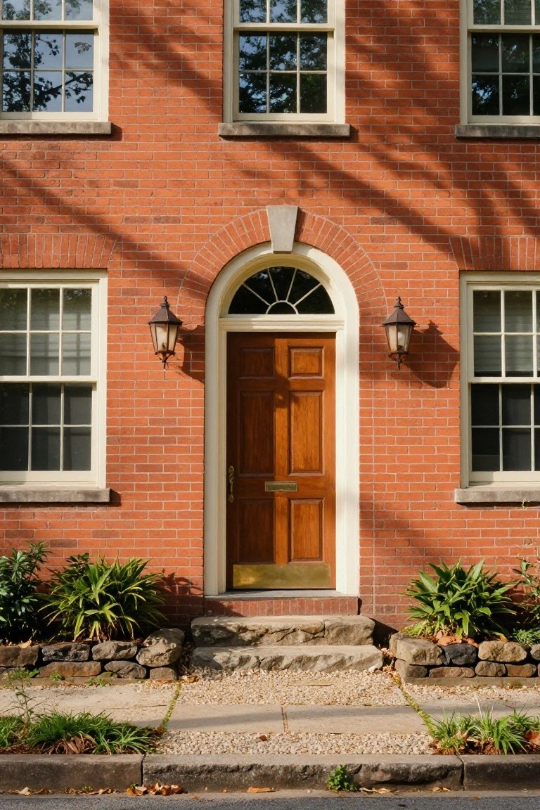 Red brick three-story townhouse with white window frames, centered wooden front door under arched transom, flanked by lanterns, stone steps, gravel path, and low plants at the base.