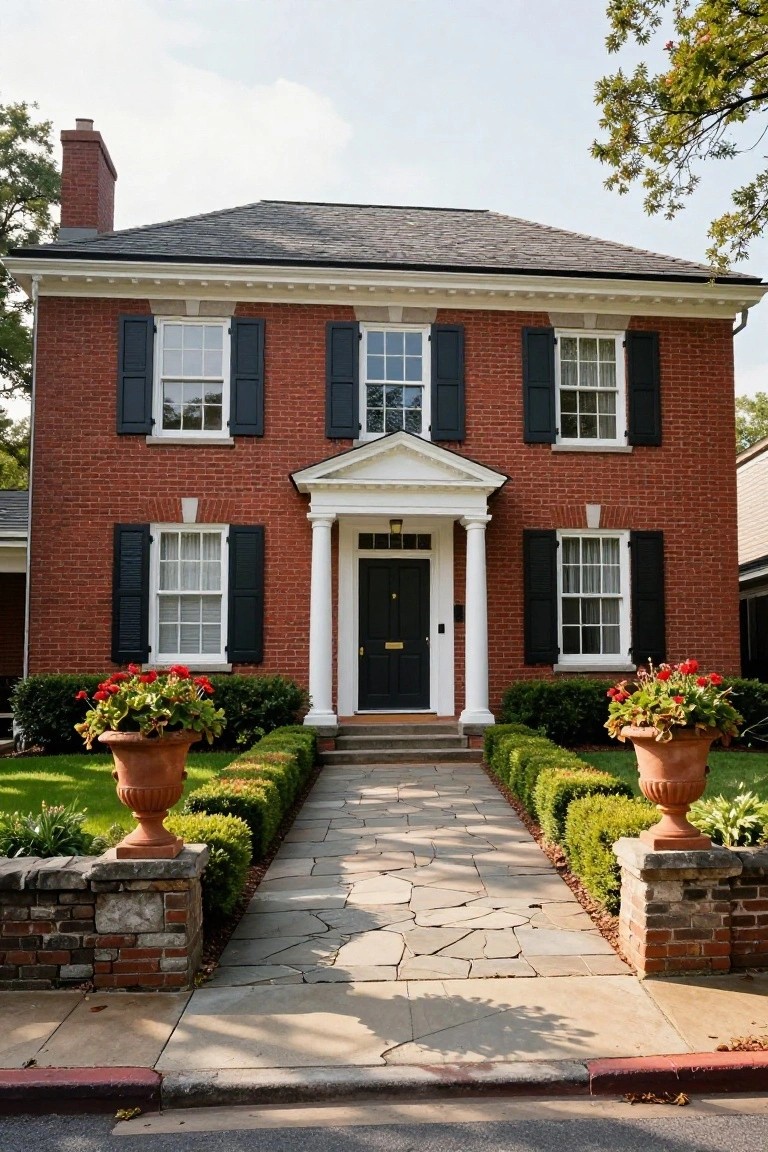 Two-story red brick colonial house with black shutters on white-framed windows, a portico with white columns and black door, flanked by boxwood hedges and terracotta pots of red geraniums along a stone walkway.
