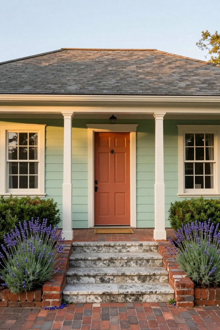 Mint green Colonial house with white columns, red front door, flanked by windows and lavender plants beside brick steps leading to a porch.