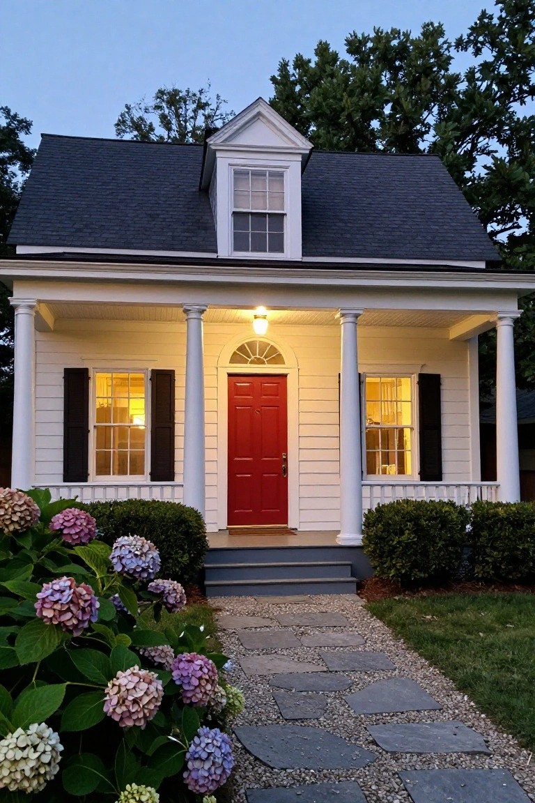 White Colonial-style house with gabled roof, front porch supported by columns, red front door, black shutters on windows, hydrangea bushes, and stone walkway at dusk.
