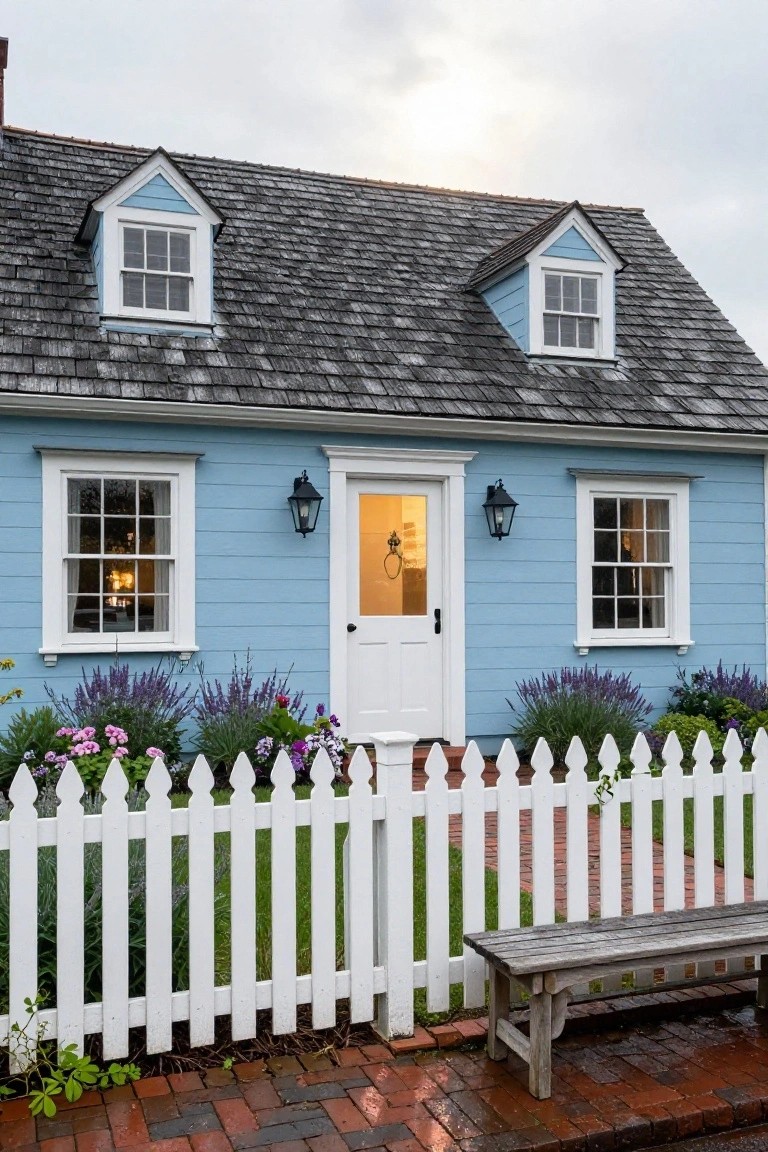 Light blue clapboard colonial house with white trim, gabled roof, front door flanked by lanterns, picket fence, and flower beds with lavender and pink blooms.