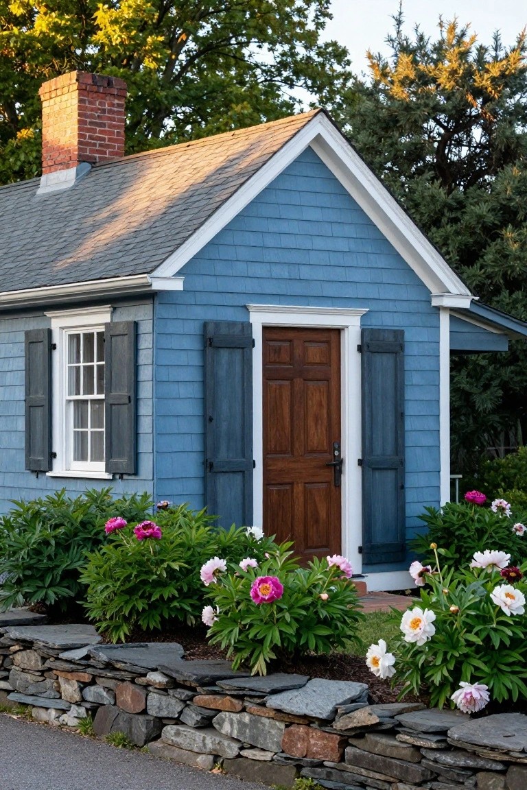 Small blue shingled house with white trim, dark shutters on a single window and door, brick chimney, surrounded by green shrubs, pink peony flowers, and a low stone wall along a paved path.