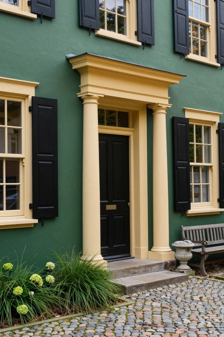Teal green colonial house exterior with black shutters, yellow trim around the columned entry, black front door, wooden bench, stone urn, hydrangeas, grasses, and cobblestone path.