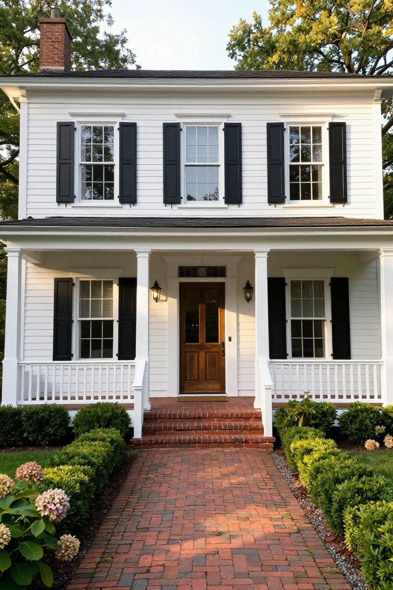 Two-story white clapboard colonial house with black shutters, covered front porch with columns, wooden front door, brick steps and pathway, boxwood hedges, and pink hydrangeas in the yard.