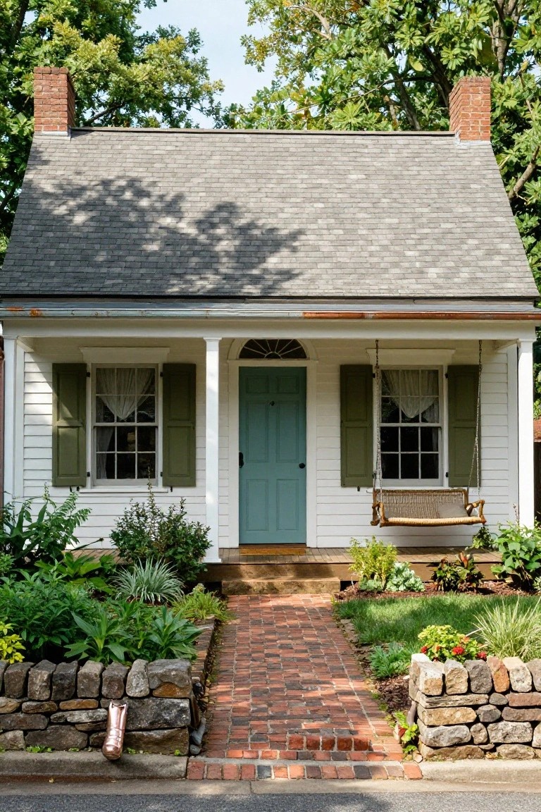 White clapboard Colonial-style house with dark green shutters, turquoise front door, porch swing, brick walkway, stone retaining walls, and garden plantings.