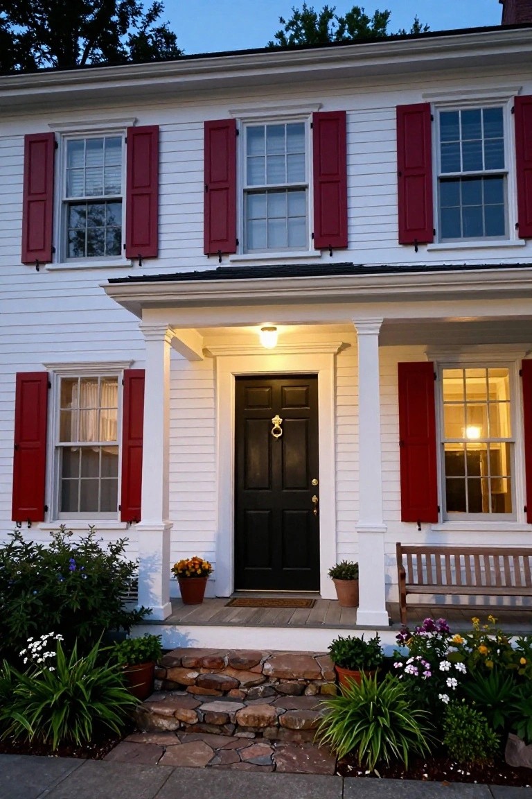 Two-story white clapboard colonial house with red shutters on multipane windows, black front door with brass knocker, covered porch with bench, potted plants, and stone steps leading to sidewalk at dusk.