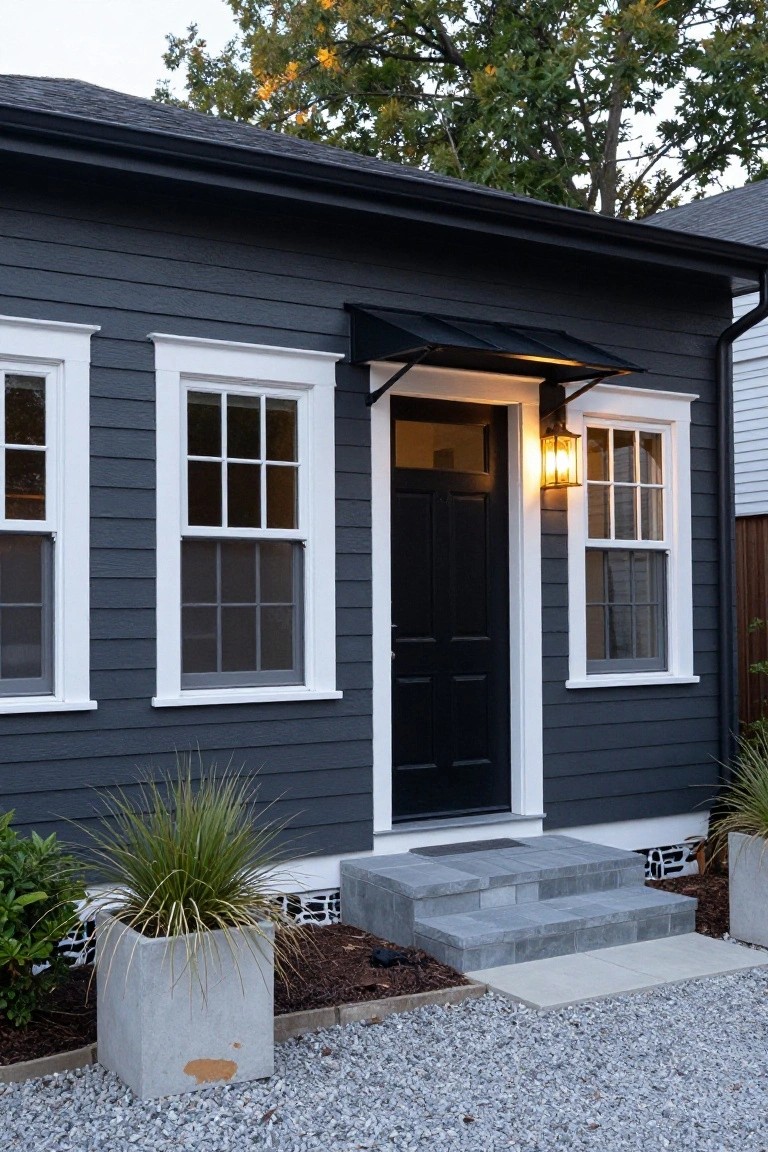 Dark gray clapboard house exterior with white trim around double-hung windows and black front door under slim black awning, illuminated by wall lantern, gray stone steps to gravel path flanked by potted grasses.