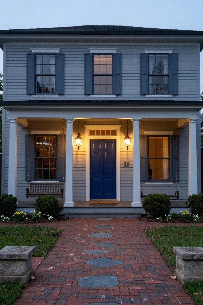 Gray two-story colonial house with gabled black roof, columned front porch, navy blue double front door lit by two lanterns, porch swing, dark shutters on multipane windows, brick pathway with large dark stone steppers, boxwood shrubs and flowers flanking the entry at dusk.