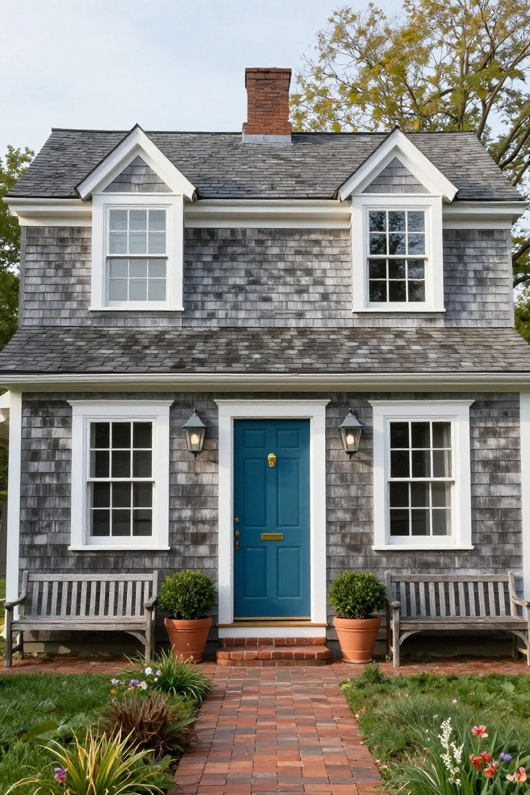 Gray shingle-clad colonial house with white window trim, turquoise front door, wall lanterns, wooden benches, potted shrubs, brick entry path, and low garden plantings.