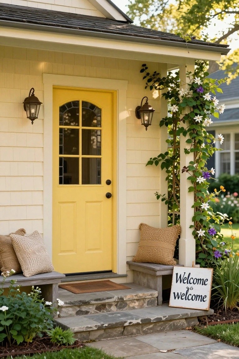 Colonial house exterior with pale yellow siding, a yellow arched door with nine glass panes, lanterns on each side, climbing vines on porch columns, wicker benches with cushions, stone steps, and a Welcome sign.