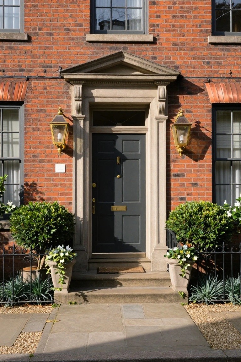 Red brick townhouse exterior with a centered dark green front door under a pedimented stone portico flanked by brass lanterns, symmetrical boxwood shrubs in pots, and stone steps.
