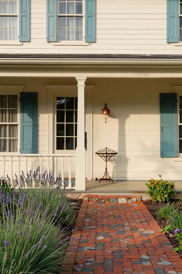 White colonial-style house with blue shutters, a covered porch supported by a white column, copper lantern light, ornate metal plant stand, and a red brick pathway bordered by lavender plants leading to the entry steps.