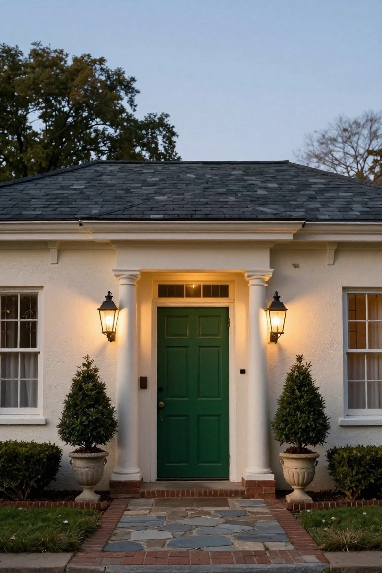 White stucco colonial house exterior featuring a centered green paneled door under a columned portico, flanked by black lantern lights, potted topiary trees, brick base, stone pathway, and lawn at twilight.