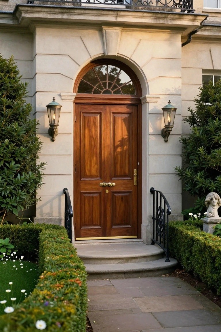 Stone house facade with arched wooden double door entry, brass knocker and hardware, flanked by green-tinted metal lanterns, boxwood hedges on both sides, iron railing on stone steps, and pathway leading to the door.
