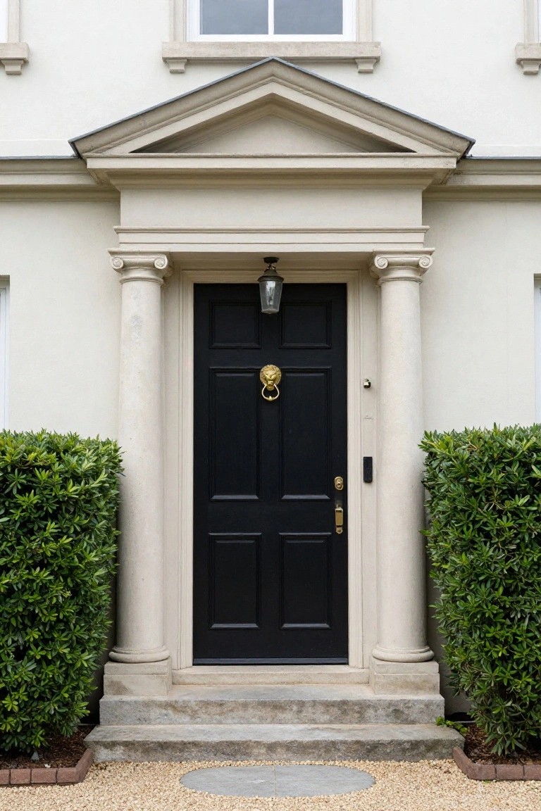 White stucco house exterior with neoclassical stone portico featuring fluted columns, pediment, black paneled front door with brass lion knocker, lantern light, and flanking boxwood shrubs on gravel path with stone step.