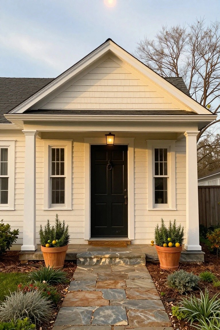 Front view of a small white clapboard colonial-style house with gabled roof, centered black front door under a lit porch supported by columns, flanked by double-hung windows, terracotta pots of rosemary with lemons on steps, flagstone path, and low groundcover plants.