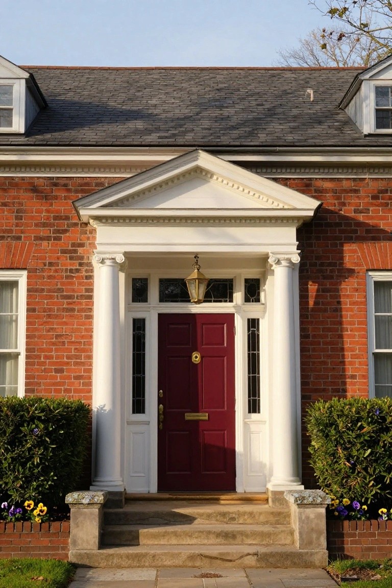 Red front door on a brick house centered beneath a white pediment supported by two columns, flanked by green shrubs and flower planters on stone bases.