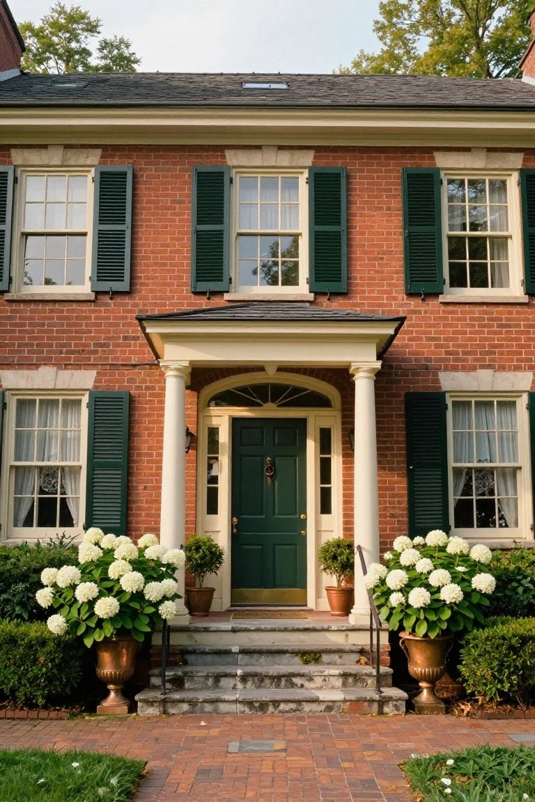 Red brick colonial house exterior with green shutters and door, a white portico supported by columns over the entry steps, flanked by large copper urns of white hydrangeas and brick pavers.