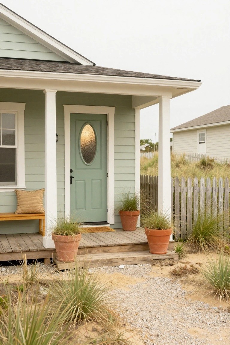 Light green clapboard house exterior showing sage green front door with oval frosted glass window, wooden porch bench with tan pillow, terracotta pots of ornamental grasses on the deck, picket fence and beach dunes in the background.