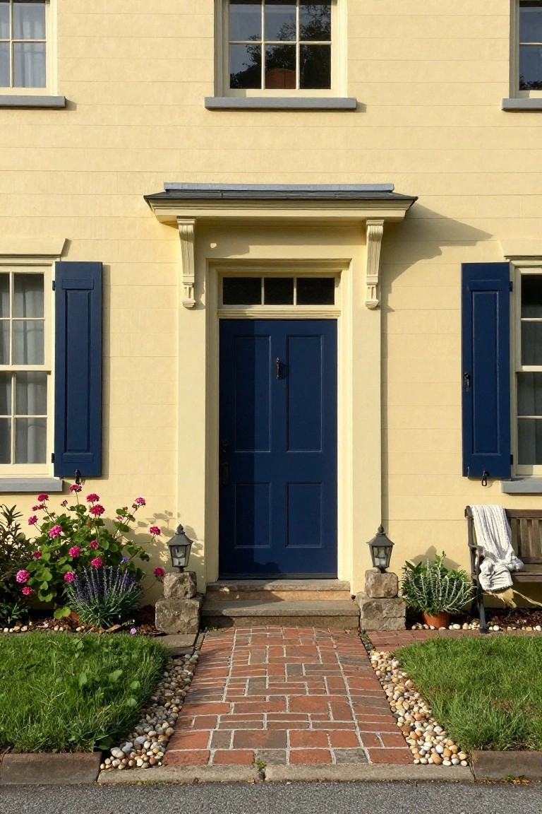 Yellow clapboard colonial house exterior with centered navy blue front door, blue shutters on side windows, brick walkway, potted plants, lanterns, and a bench.