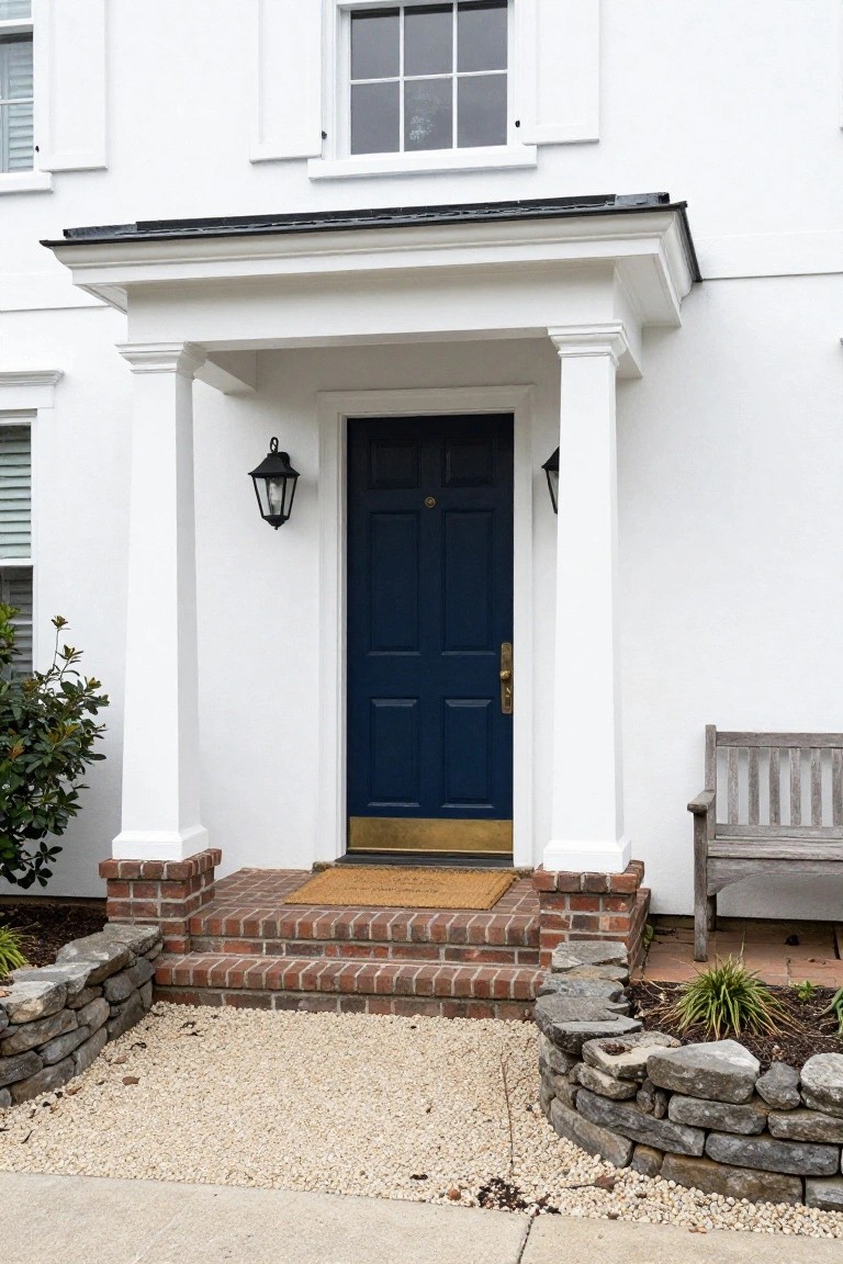 White colonial-style house exterior featuring a navy blue paneled front door centered under a small porch with white columns, flanked by black lanterns, brick steps, a welcome mat, wooden bench, and stone-edged gravel landscaping.