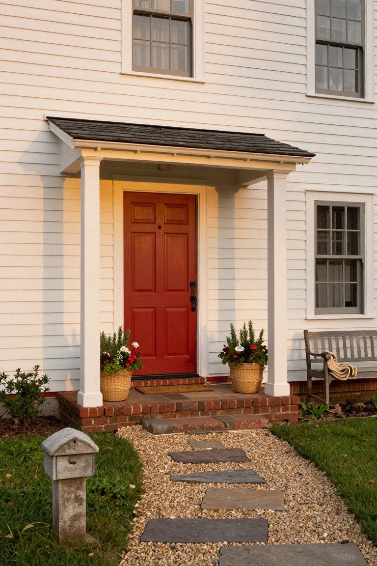 White clapboard colonial house with red double front door under a small covered porch, flanked by potted plants on brick steps, wooden bench, and stone path in gravel yard.
