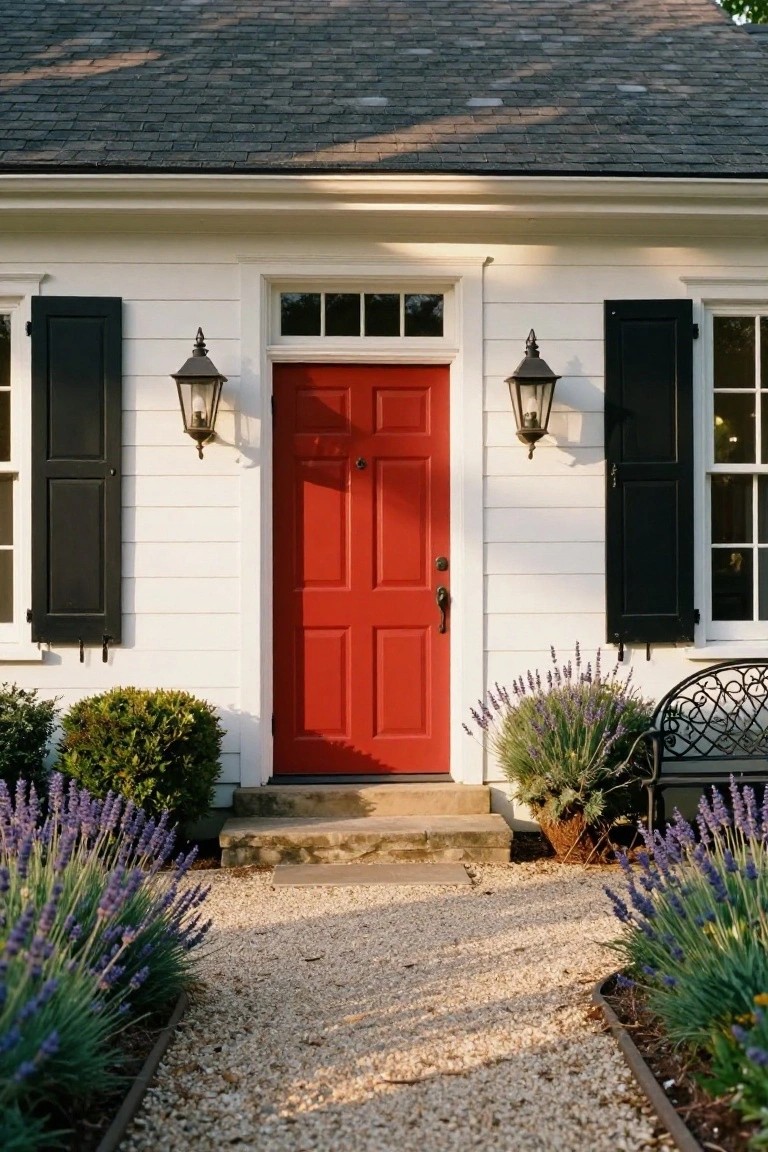 Red Door on White Colonial House