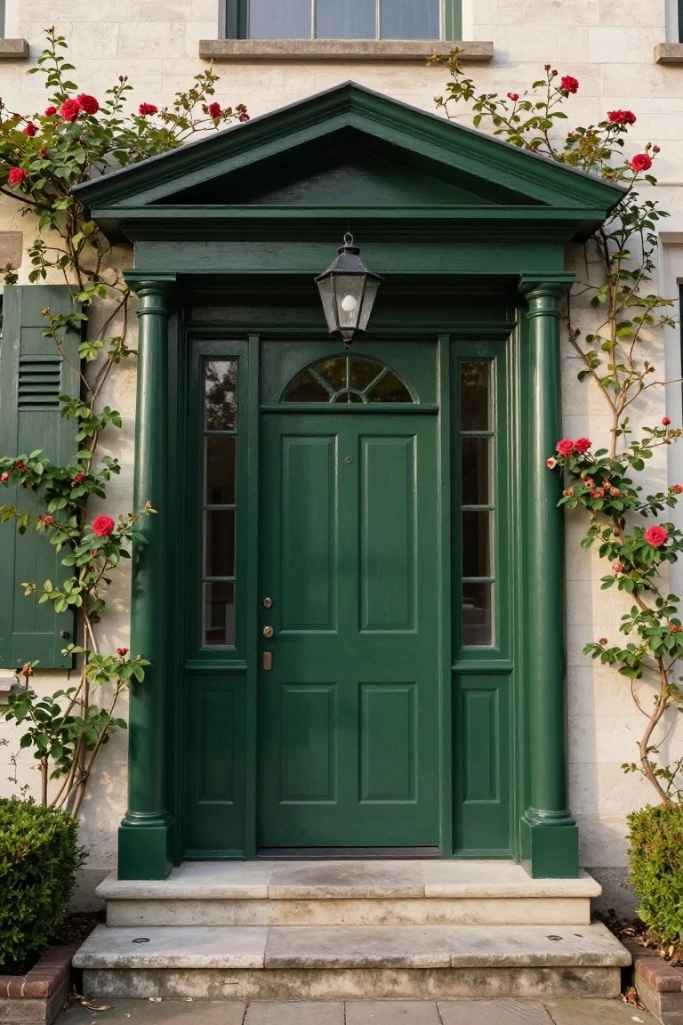 Green double front door with sidelights and fanlight under a pedimented portico with columns on a light stone house, climbing red roses on columns and walls, green shutters, and a hanging lantern.