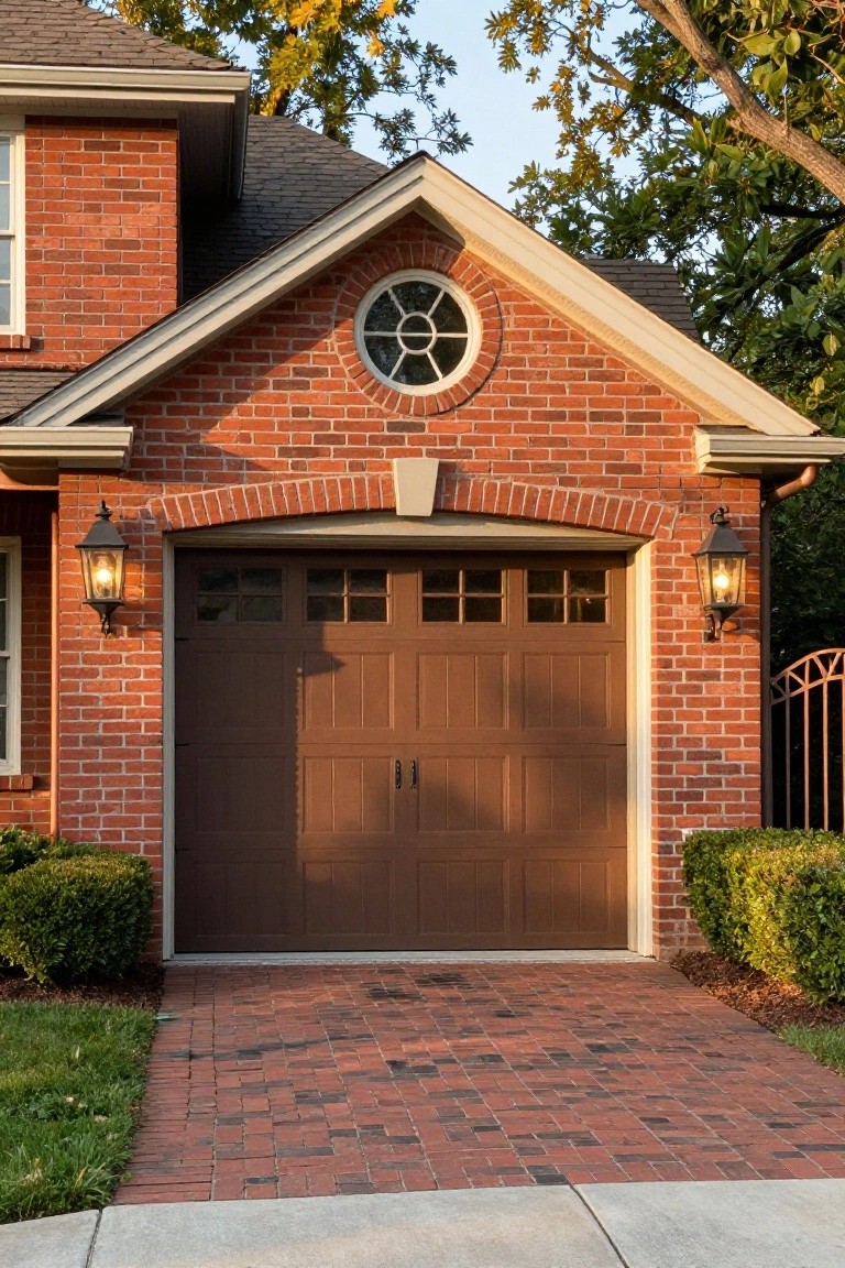 Red brick Colonial house exterior with gabled portico, round window, brown wood-paneled garage door with glass inserts, black lanterns on brick pillars, boxwood shrubs, brick paver driveway apron, and concrete driveway.