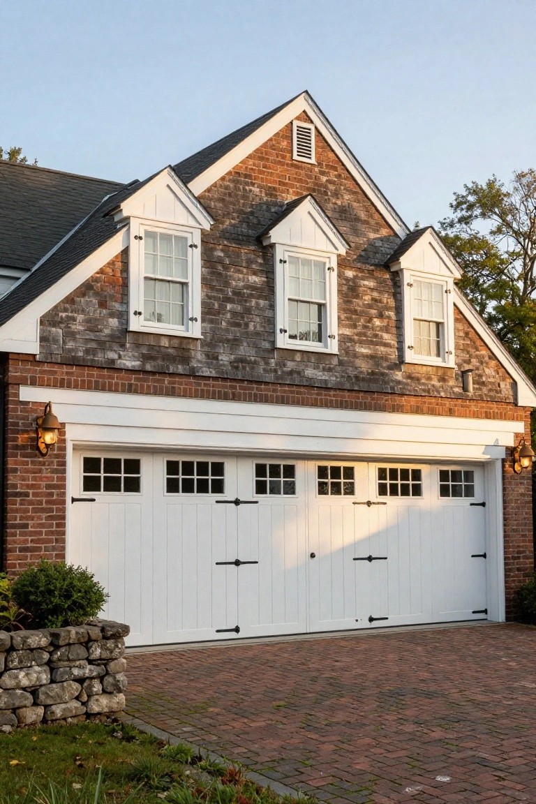 Colonial house exterior with white carriage-style garage door featuring multiple glass panes and black strap hinges on a brick base, shingle siding above with three dormer windows, flanked by brick walls and lantern lights, brick driveway, stone wall, and shrubs.