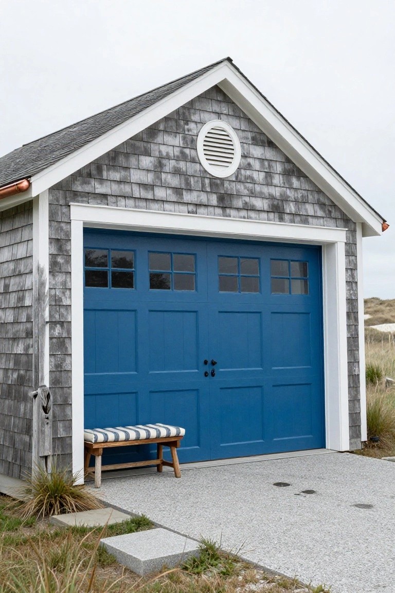 Gray shingle-clad garage with large blue double door having window panels, wooden bench with striped cushion on gravel driveway, beach grass and dunes nearby.