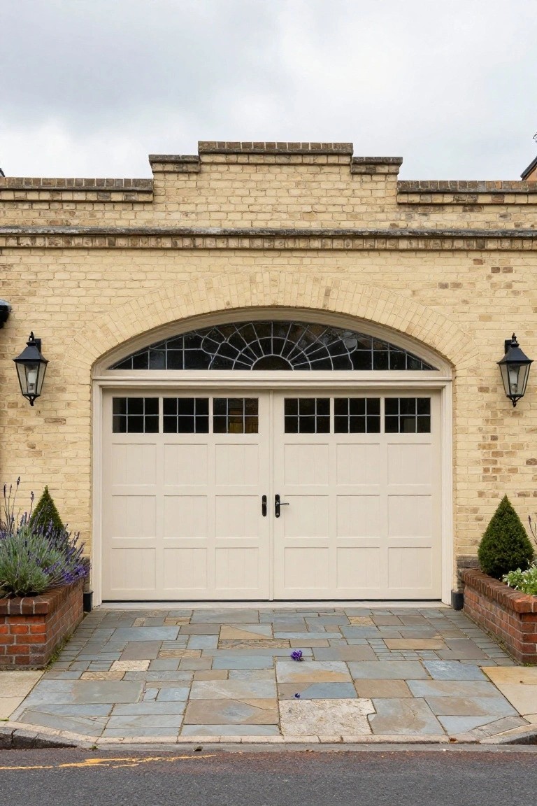 Cream paneled double garage door with grid windows and arched fanlight above, set within yellow brick wall with black lanterns flanking sides, lavender and boxwood plants in brick planters, and irregular slate paver driveway in front.