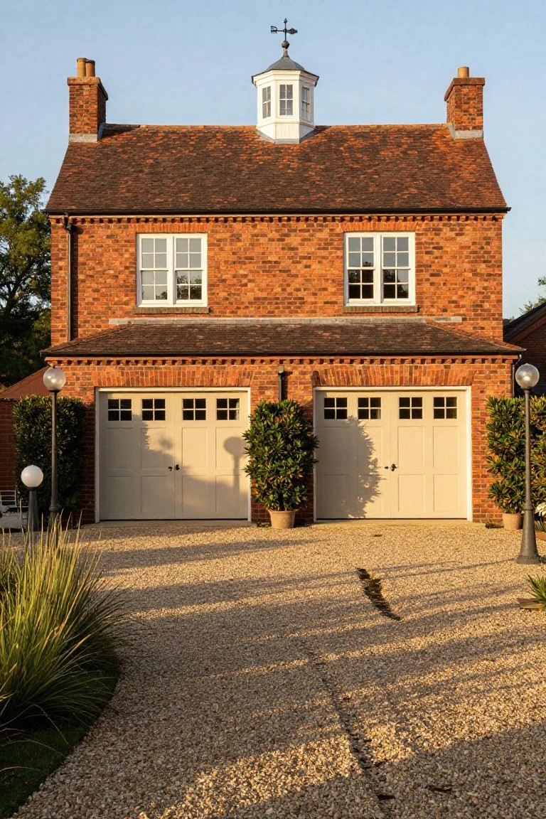 A two-story red brick colonial house with a white cupola, double cream-paneled garage doors flanked by boxwood shrubs and lanterns, and a gravel driveway edged with grasses.