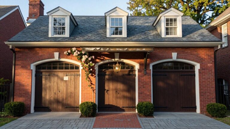 Red brick detached garage with white arched double doors, fanlight windows, copper lantern light between doors, climbing pink roses on left, boxwood shrubs on right, slate roof, dormer window above, and slate walkway.