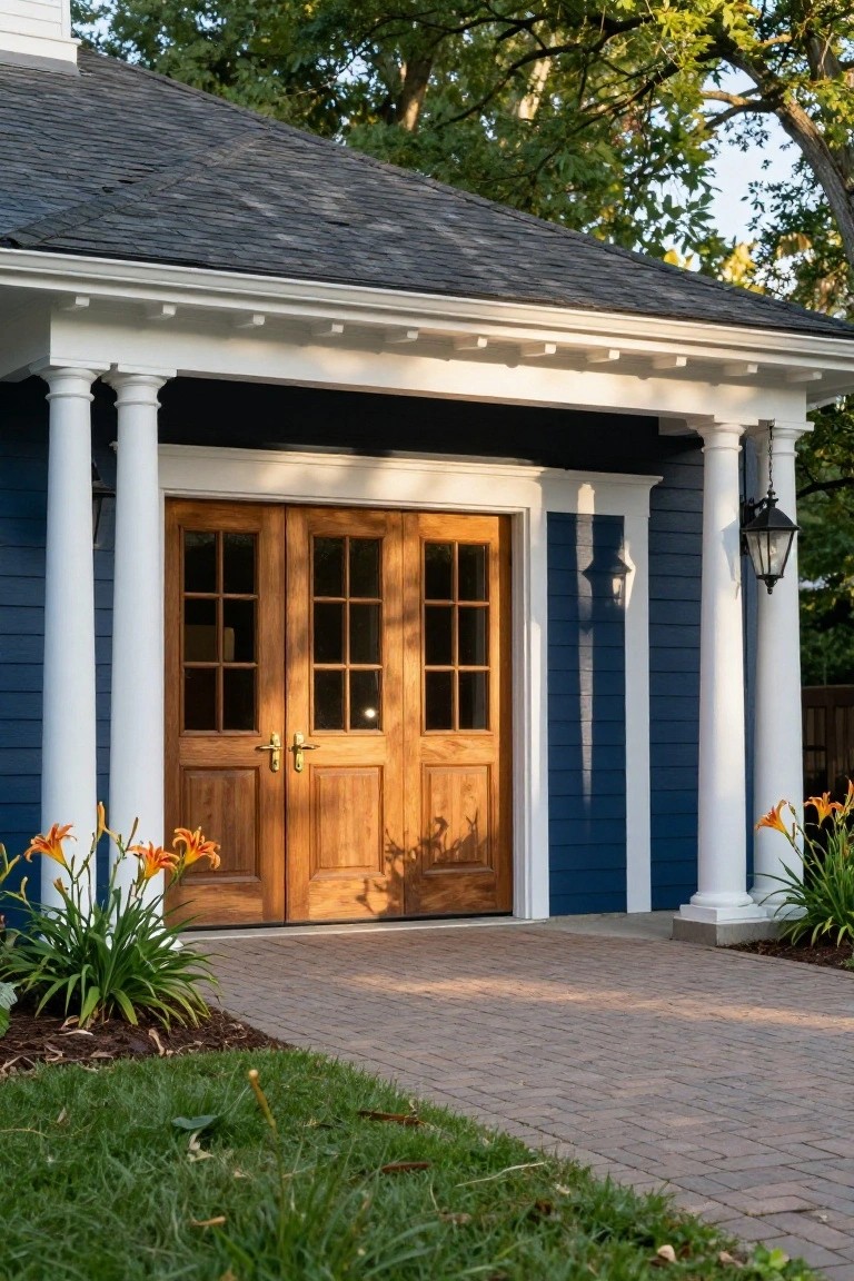 Navy blue detached garage with white columns supporting a small porch roof over wooden double doors with glass panels, yellow daylilies in front, brick pathway, and green lawn.