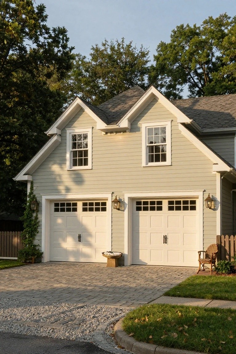 Light green sided two-car garage with gabled roof, double-hung windows above white paneled doors, lantern lights, paver driveway, ivy and plants nearby, trees and grass in background.