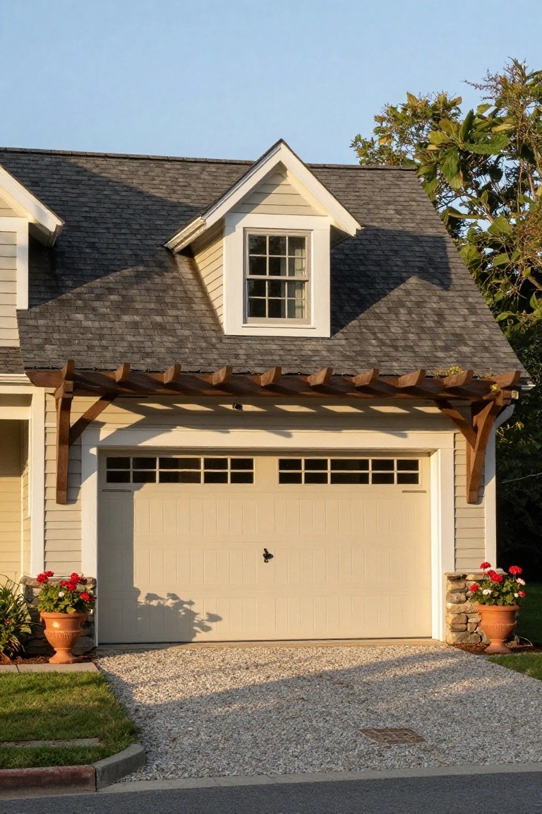 Beige two-car garage door on a beige and gray colonial-style house under a wooden pergola with exposed beams, flanked by stone walls and large terracotta pots of red geraniums, gravel driveway, shingle roof, and trees in the background.