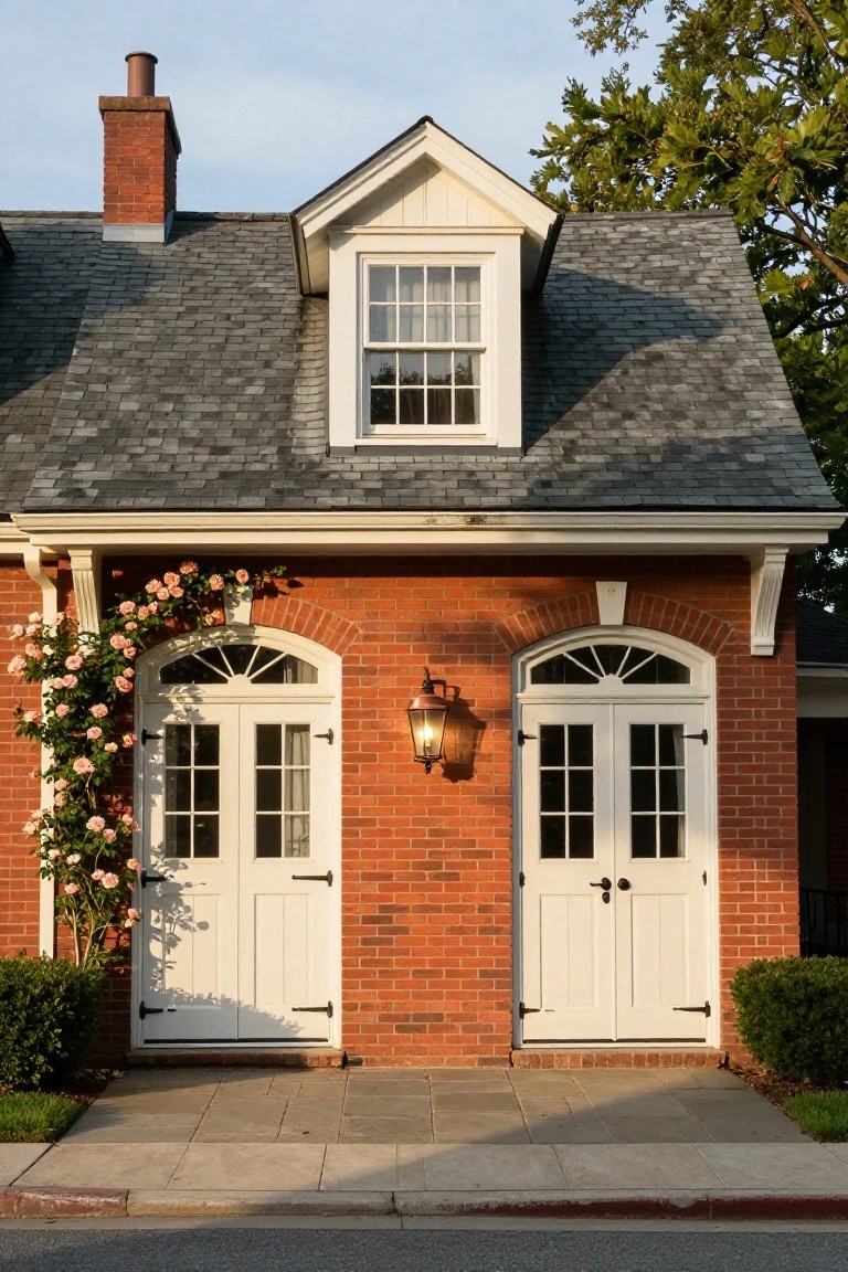 Red brick detached garage with white arched double doors, fanlight windows, copper lantern light between doors, climbing pink roses on left, boxwood shrubs on right, slate roof, dormer window above, and slate walkway.