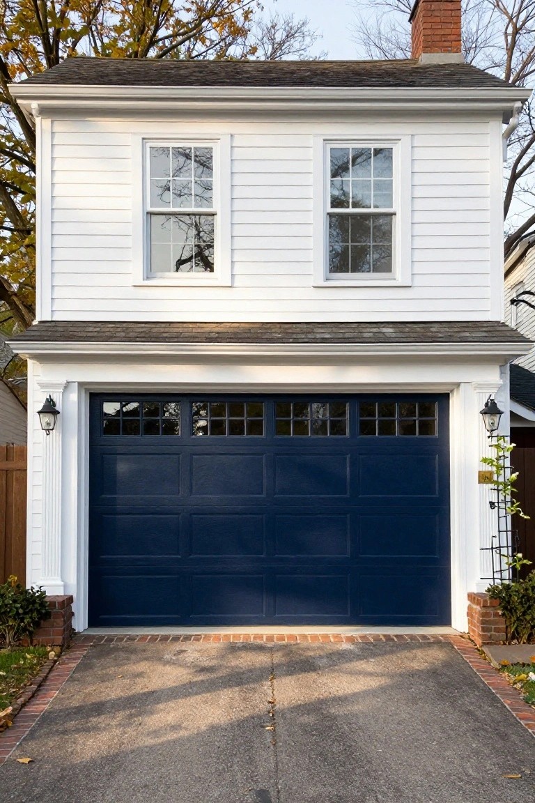 Two-story white clapboard colonial house with dark navy blue overhead garage door, flanked by white columns and lanterns, concrete driveway, fall trees and shrubs nearby.