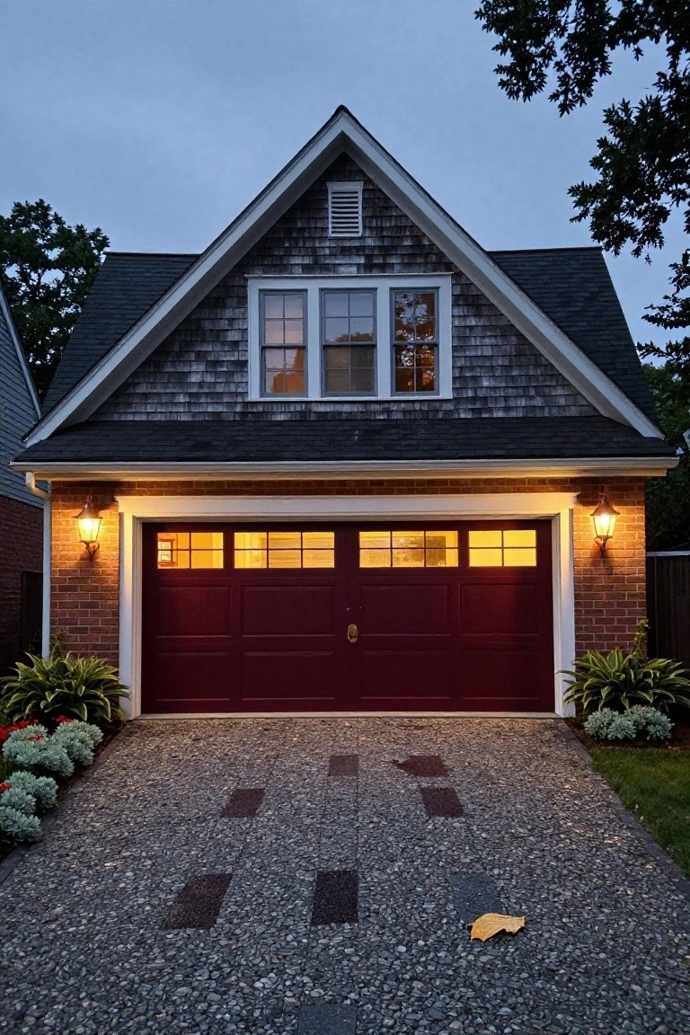 Evening photo of a shingle-clad two-car garage on a colonial-style home, with deep red paneled doors, brick side walls, wall-mounted lanterns, potted plants, and a gravel driveway edged in stone pavers.