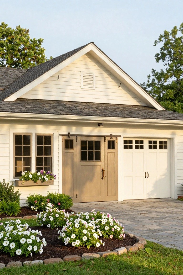 White colonial-style house exterior featuring a taupe sliding barn door with glass panels next to a white paneled garage door, window box with purple flowers, and white-flowering shrubs in curved beds along a paver walkway.