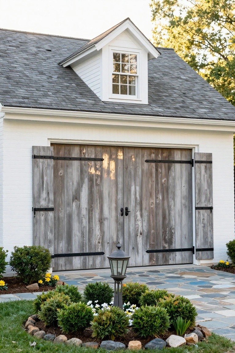 White clapboard detached garage with gray slate roof, gabled dormer window, large double weathered wood barn doors with black hinges, exterior lantern light, and circular landscaped bed with shrubs and flowers on a stone paver walkway.