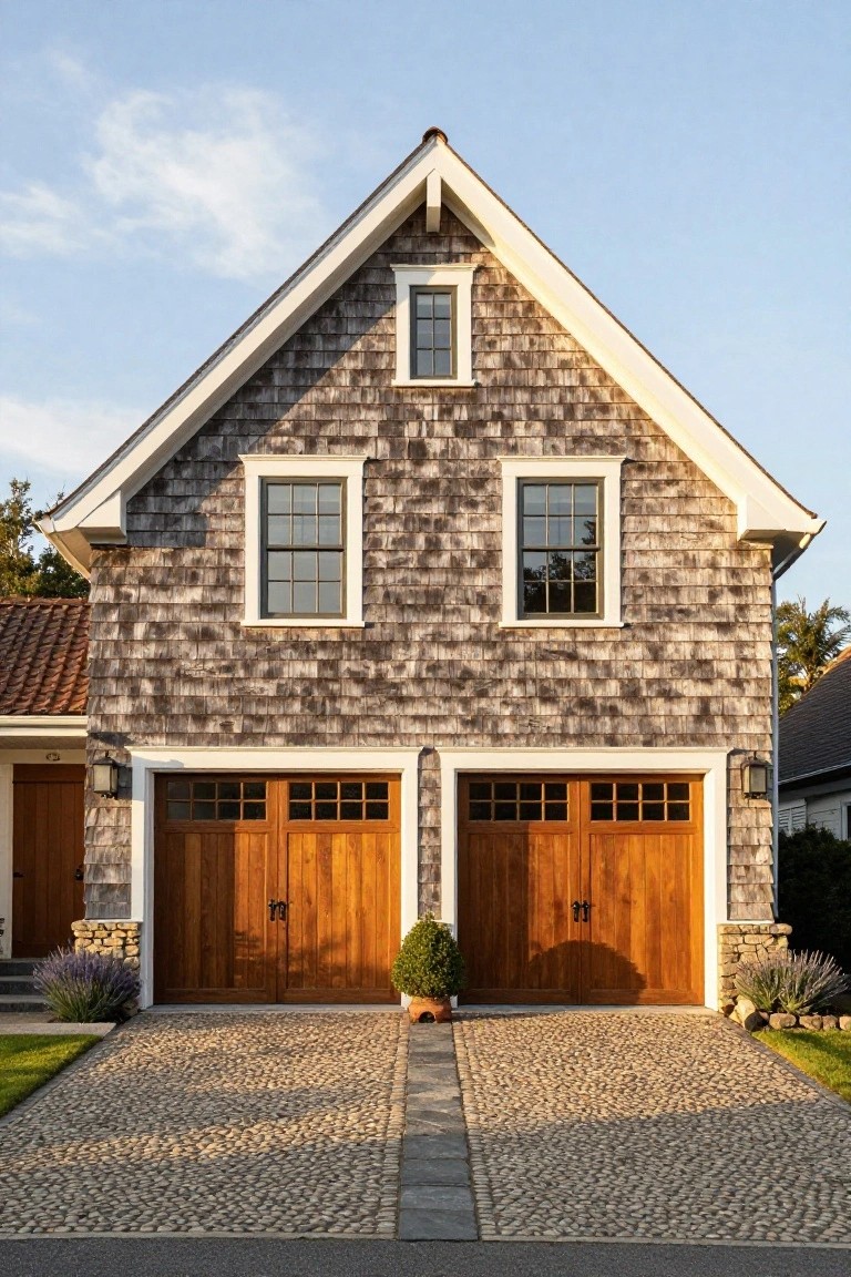 Cedar shingle-clad two-car garage with double wood doors featuring glass panels and black hardware, white trim, gable roof, pebbled driveway, lavender plants, and adjacent landscaping under a partly cloudy sky.